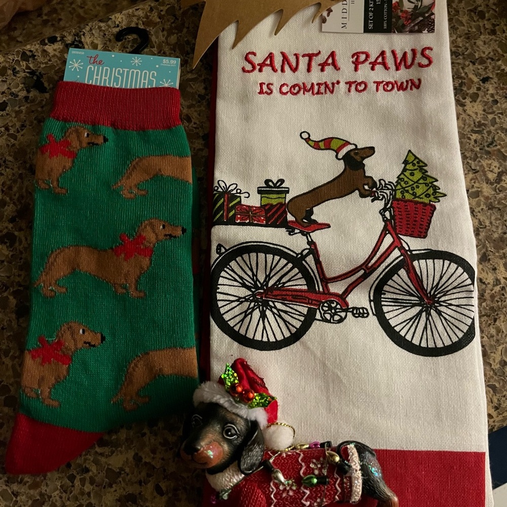 Wiener dog dachshund Christmas bundle ornament, dish towels and socks